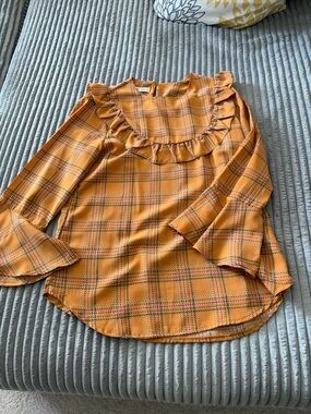 Plaid Ruffle-Yoke Blouse in Mustard